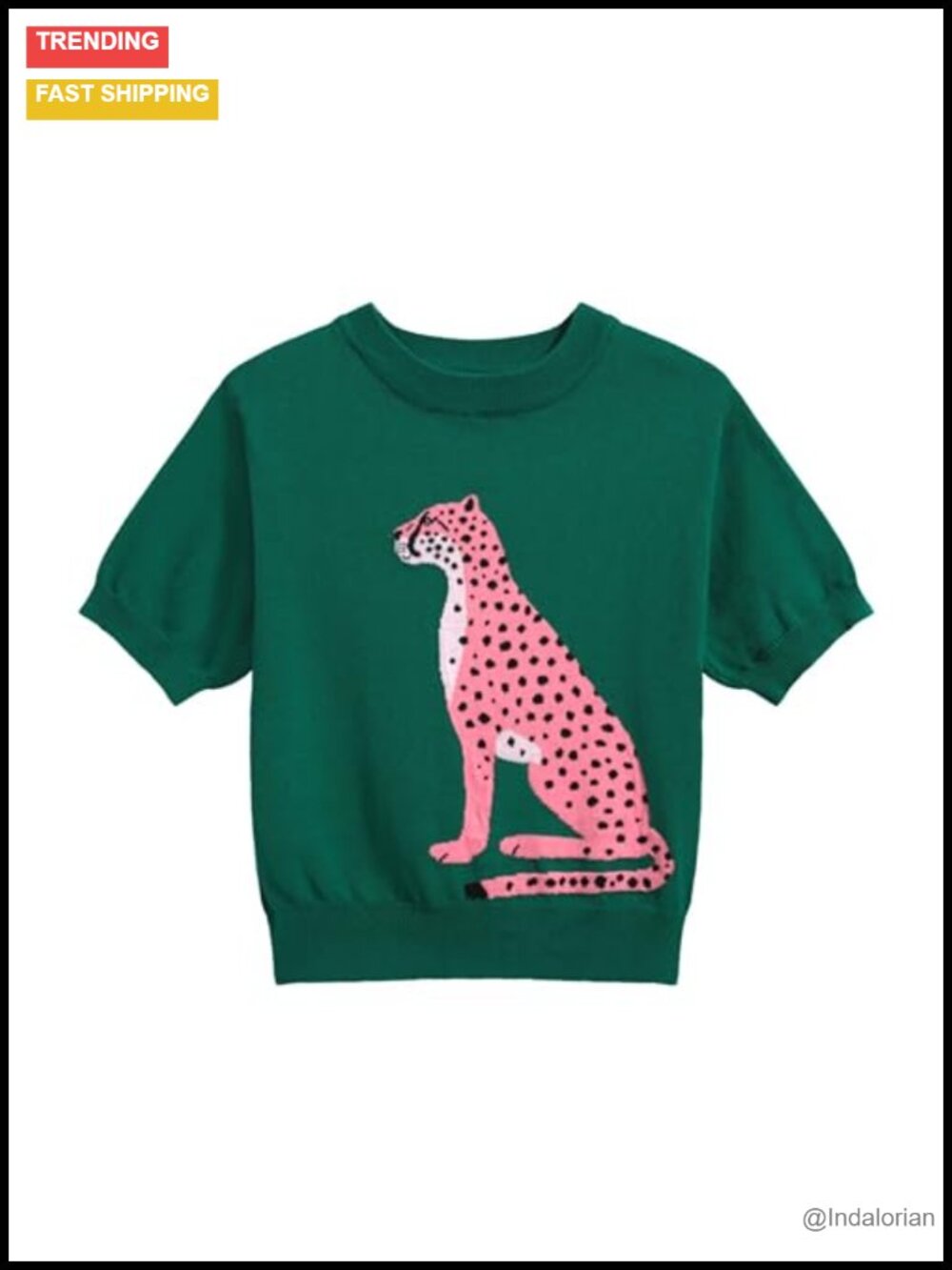 Cotton Knitted Crop T-Shirt Retro Animal Pattern Crewneck Short Sleeve